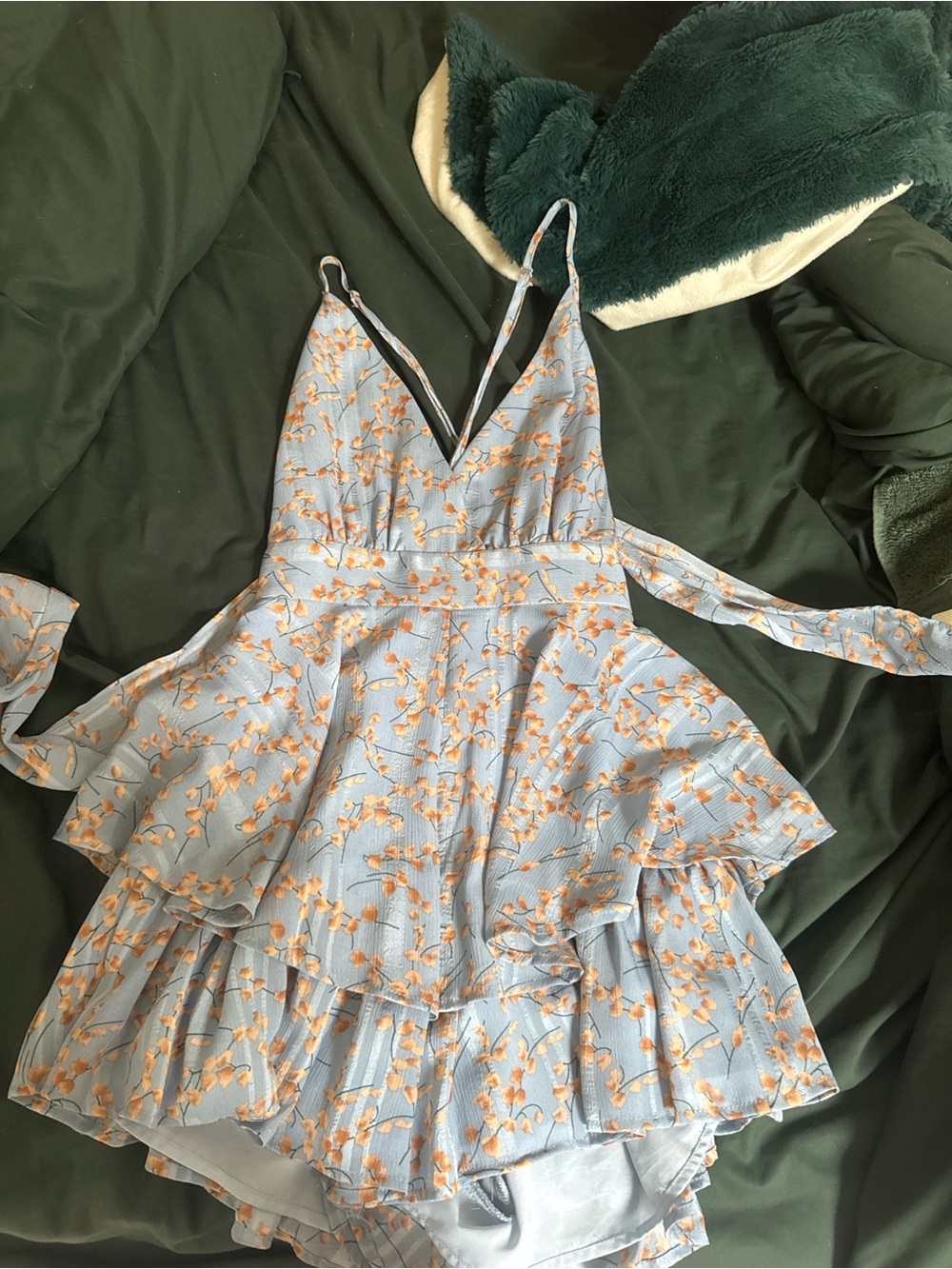 Selfie Leslie Light Blue Floral Ruffle Satin Romper with Peach Print